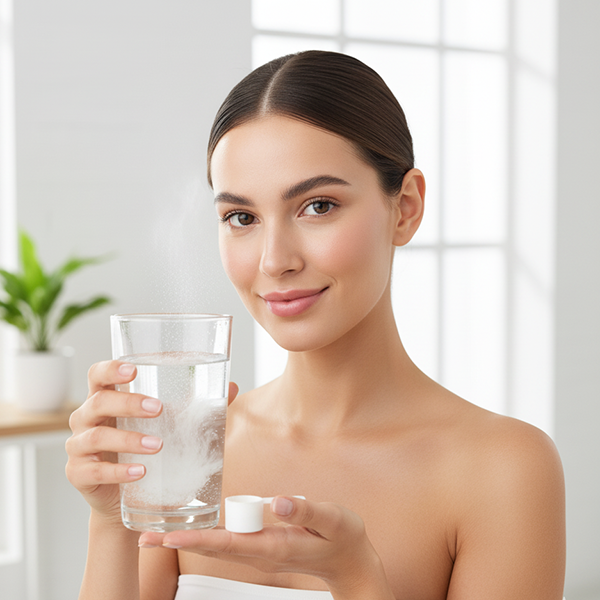 Mulher misturando colágeno em um copo d'água