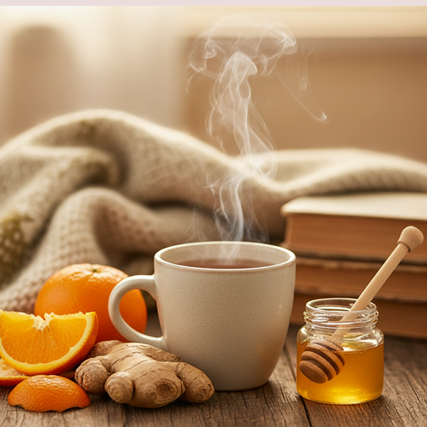 Xícara de chá com laranja e gengibre, representando imunidade